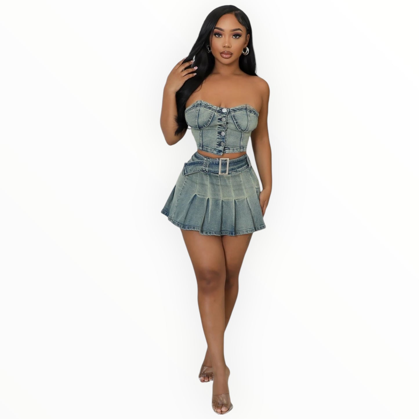 Washed Denim Tube Top & Mini Skirt