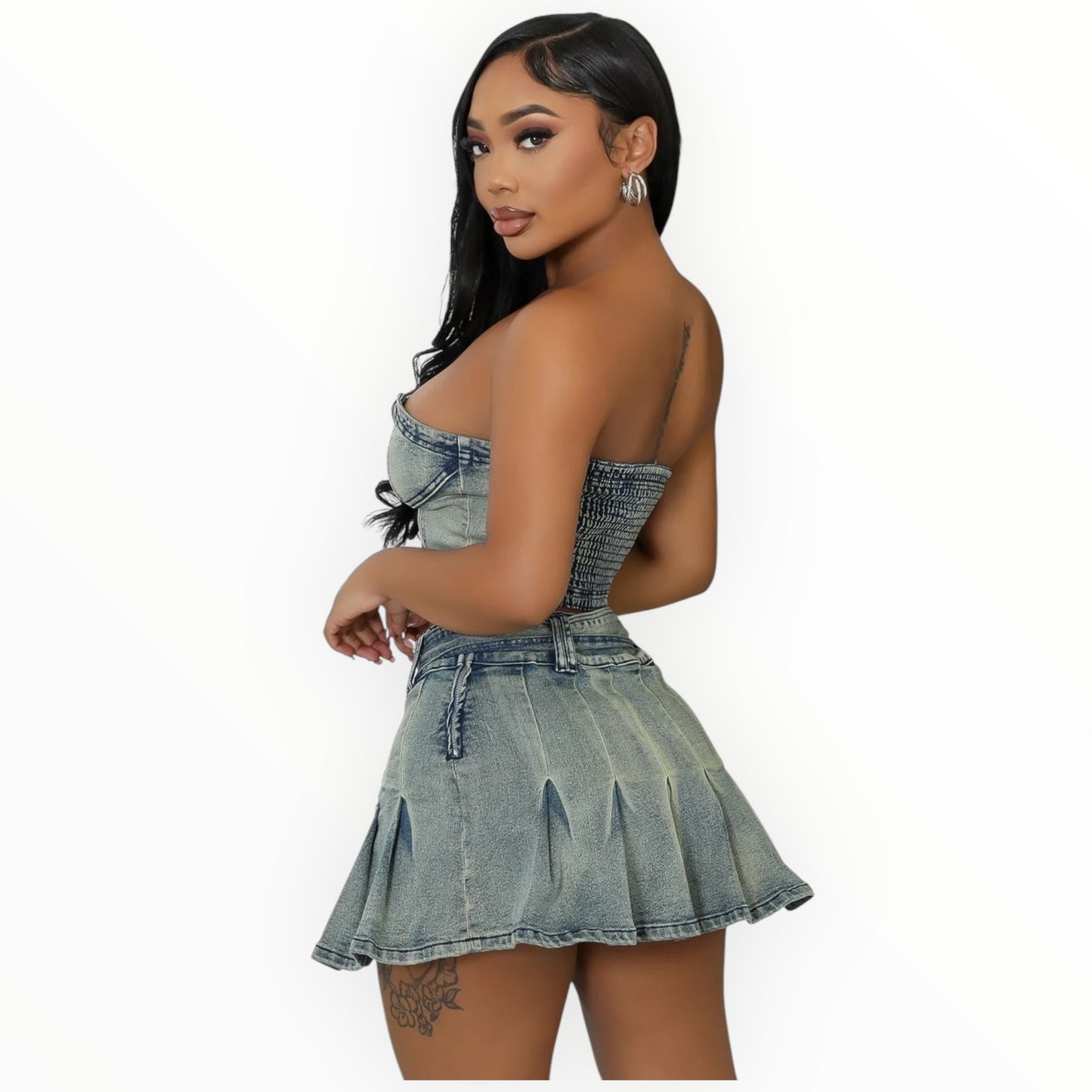 Washed Denim Tube Top & Mini Skirt