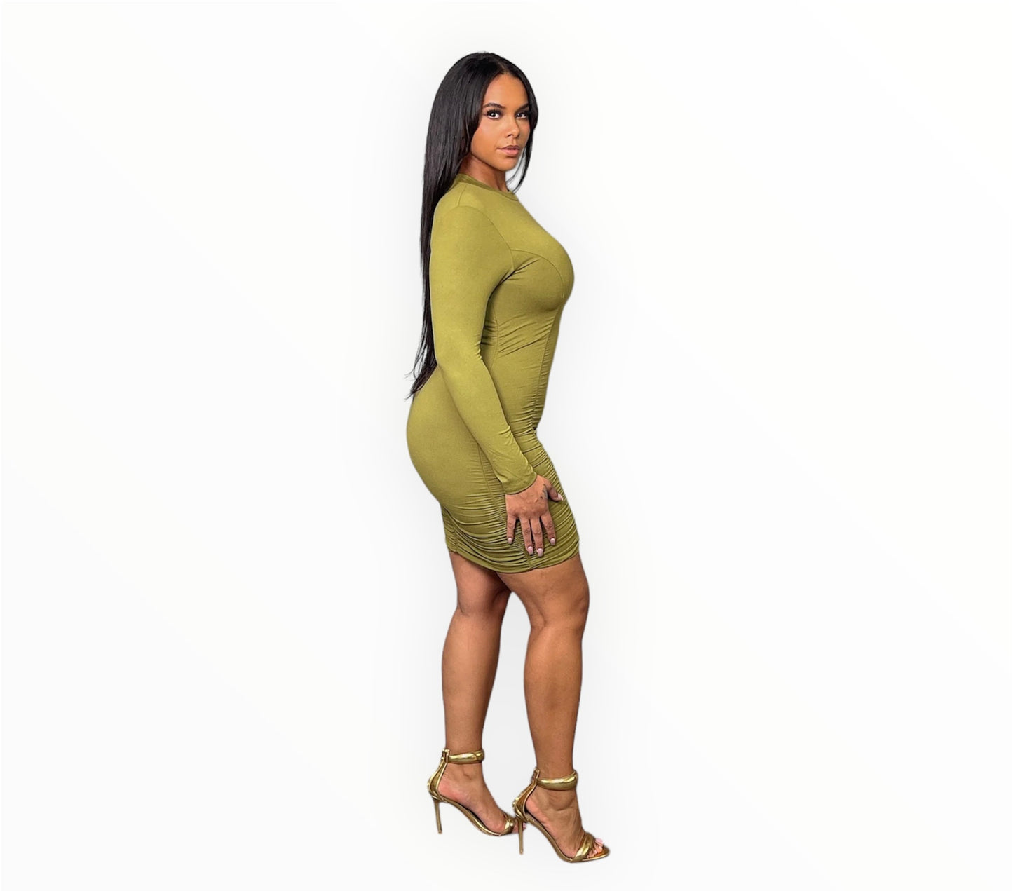 Ruched Long Sleeve Body-con Dress