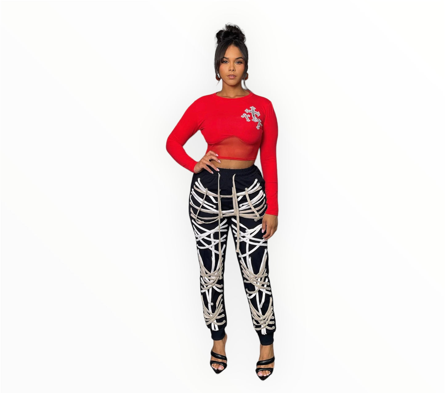 Cross Print LS Mesh Detail Top