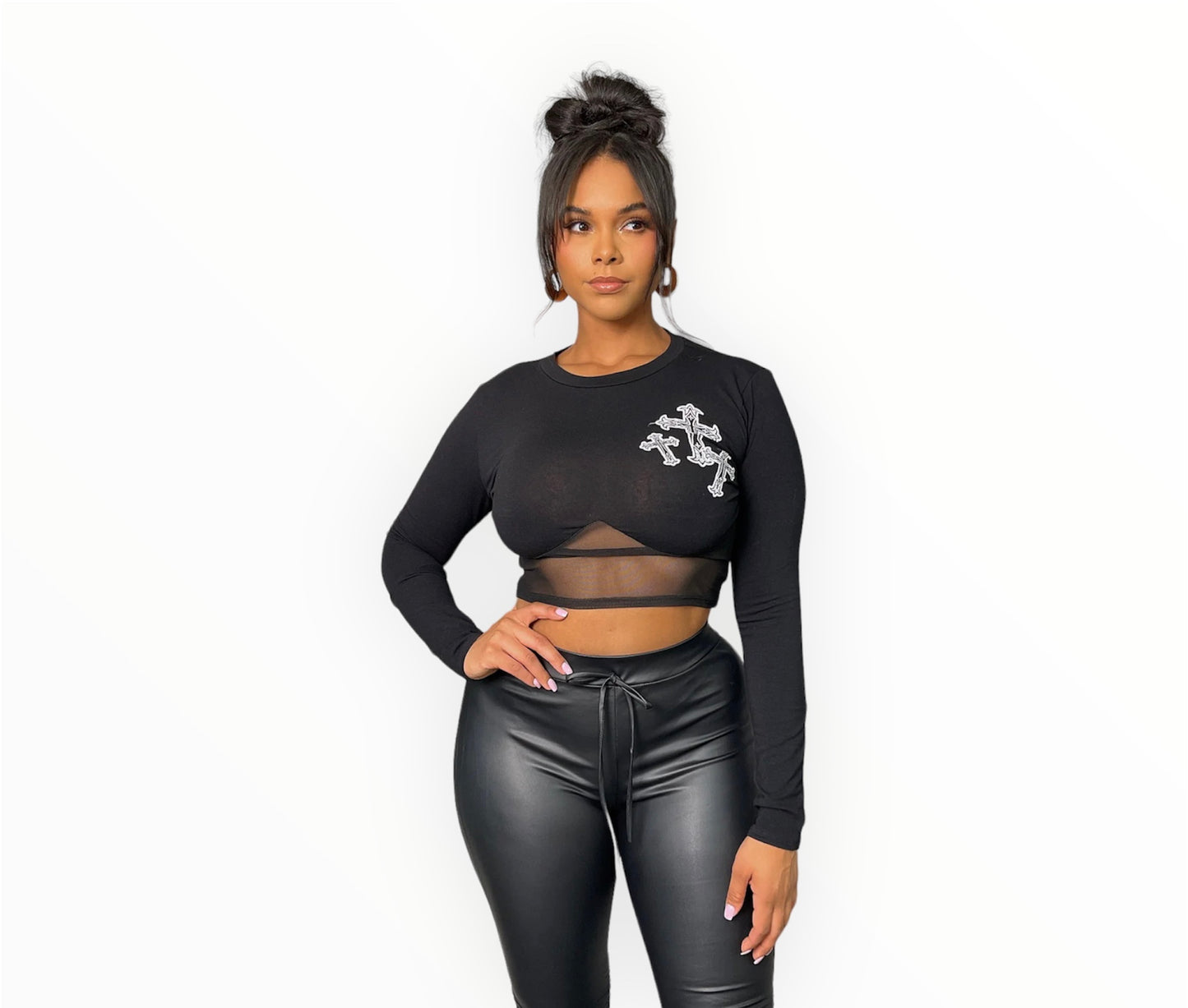 Cross Print LS Mesh Detail Top