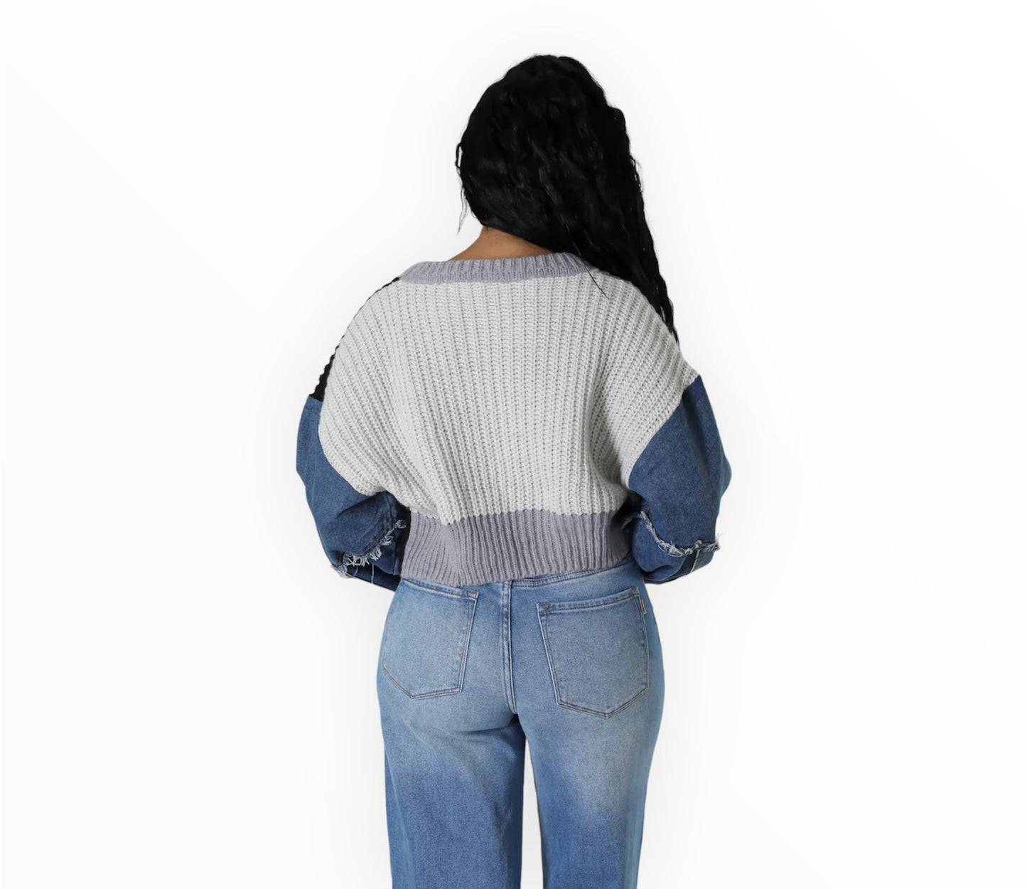 Denim Sleeve Knit Crop Sweater (ONE SIZE)