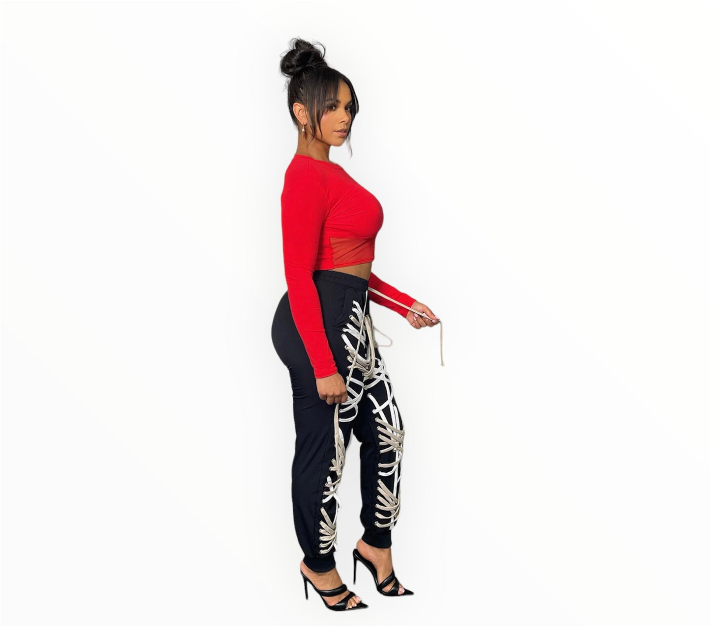 Cross Print LS Mesh Detail Top