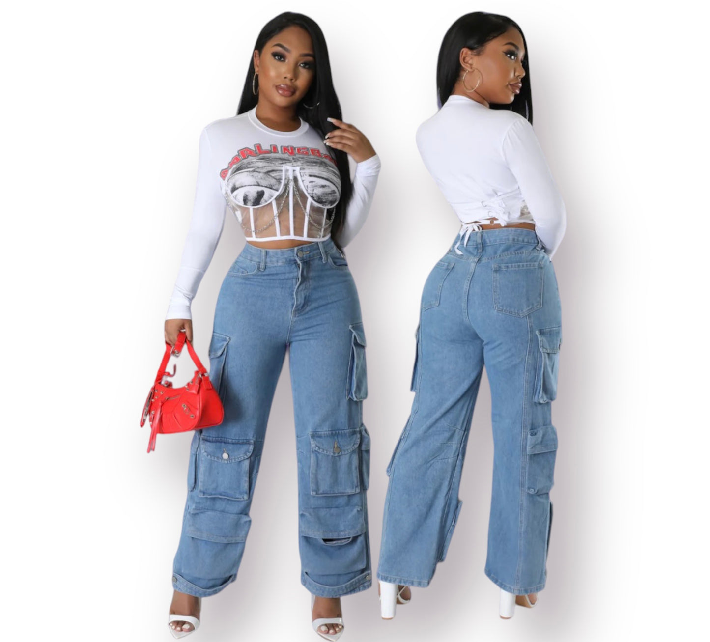women blue denim multi pocket strap jean
