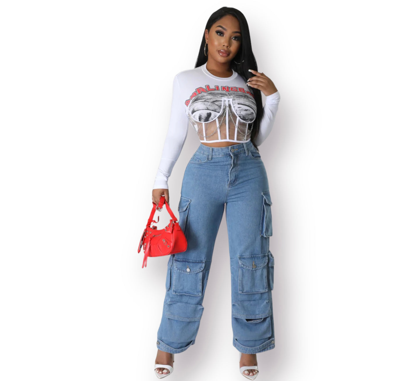 women blue denim multi pocket strap jean