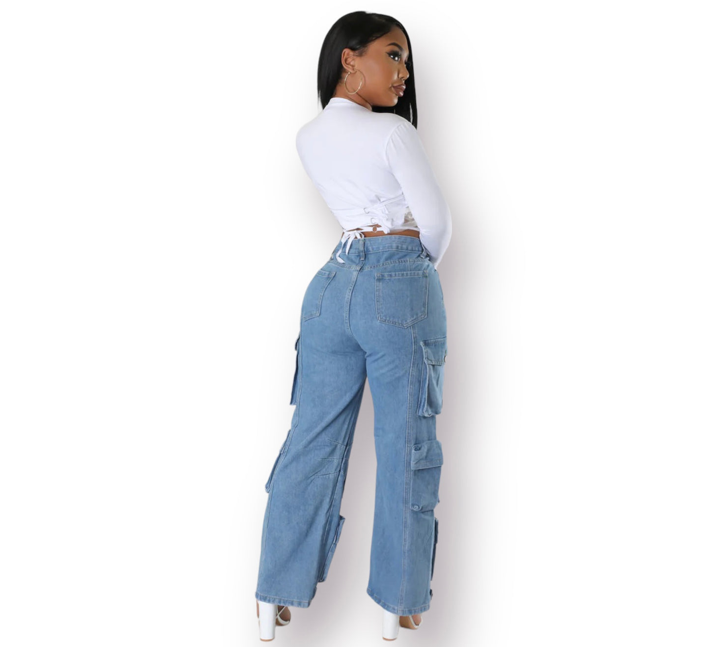 women blue denim multi pocket strap jean