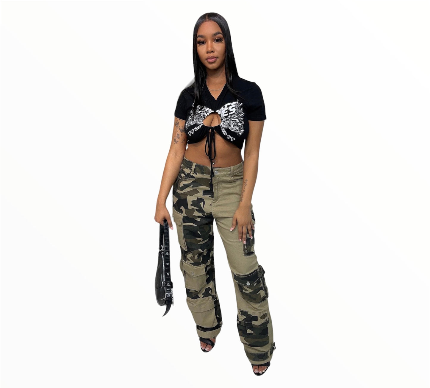 Mia's Camo Contrast Panel Cargo Pants