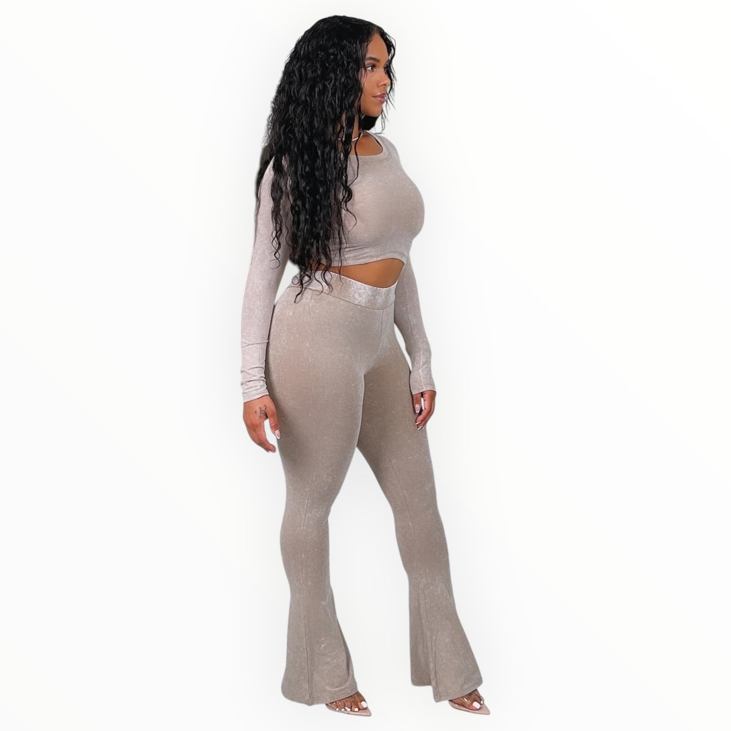 Washed Crop-Top & Flare Pants Set