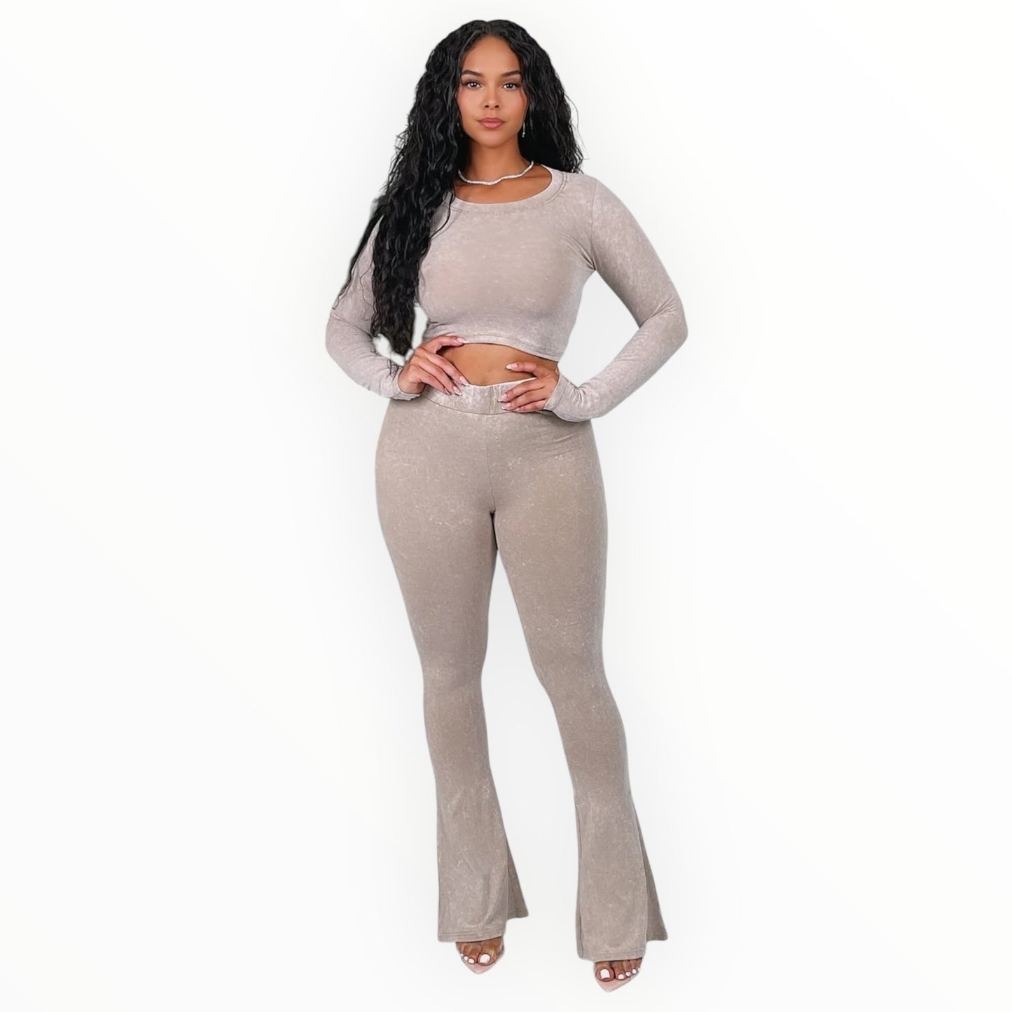 Washed Crop-Top & Flare Pants Set