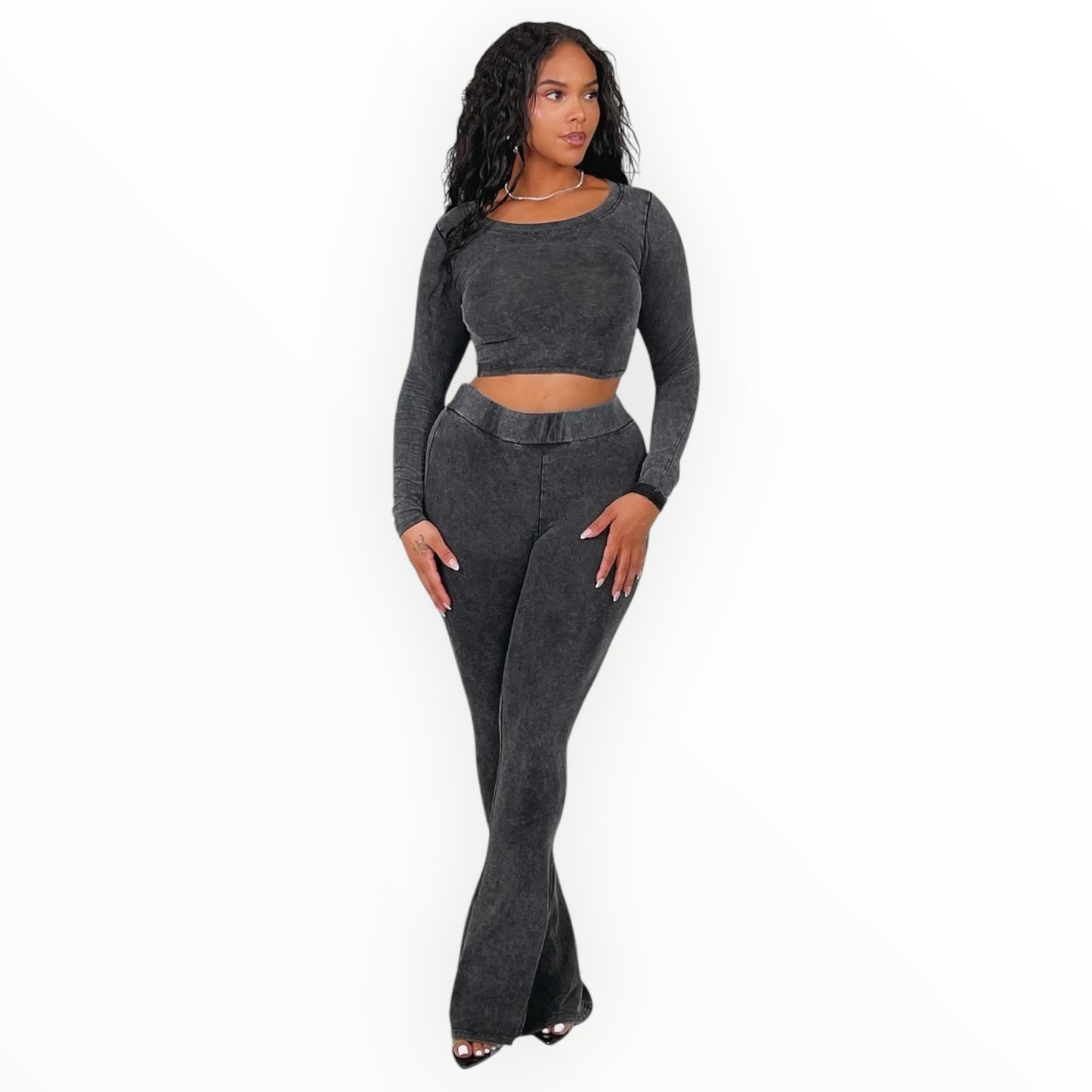 Washed Crop-Top & Flare Pants Set