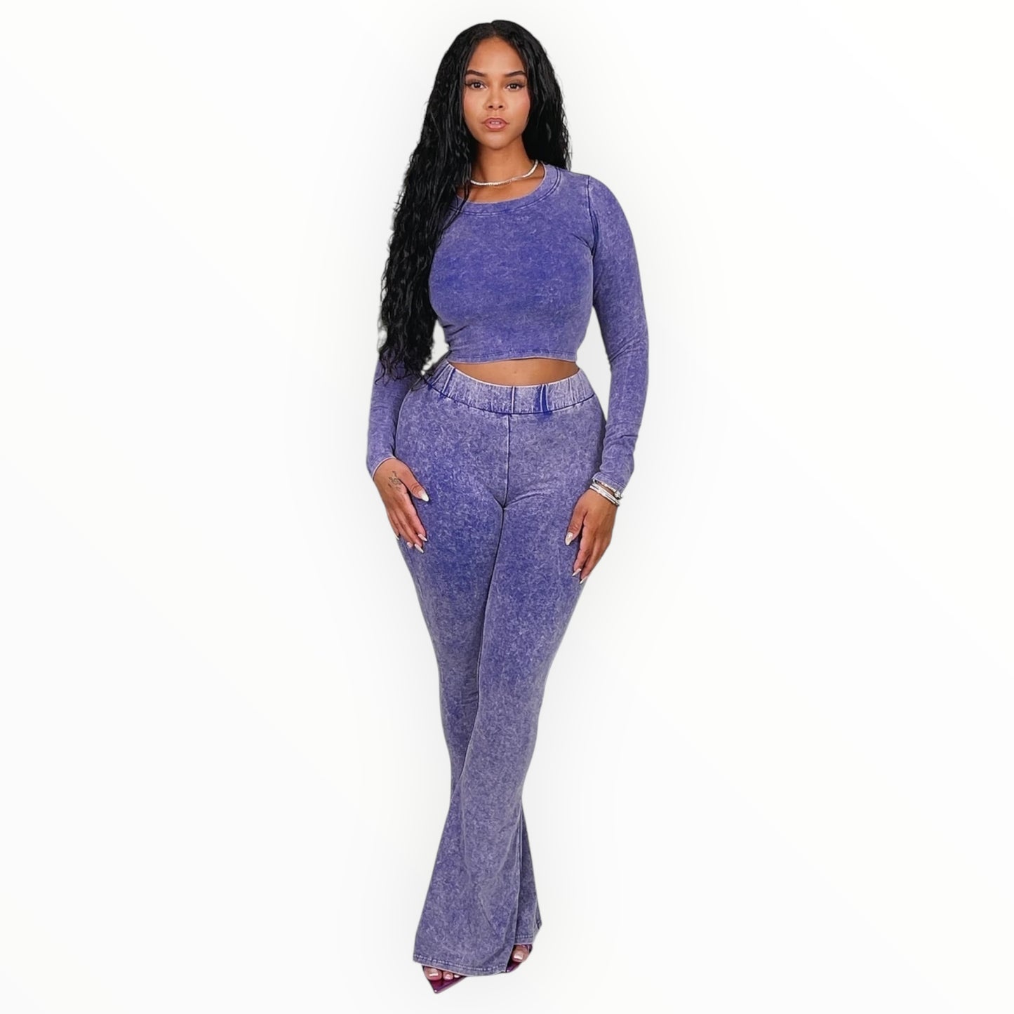 Washed Crop-Top & Flare Pants Set