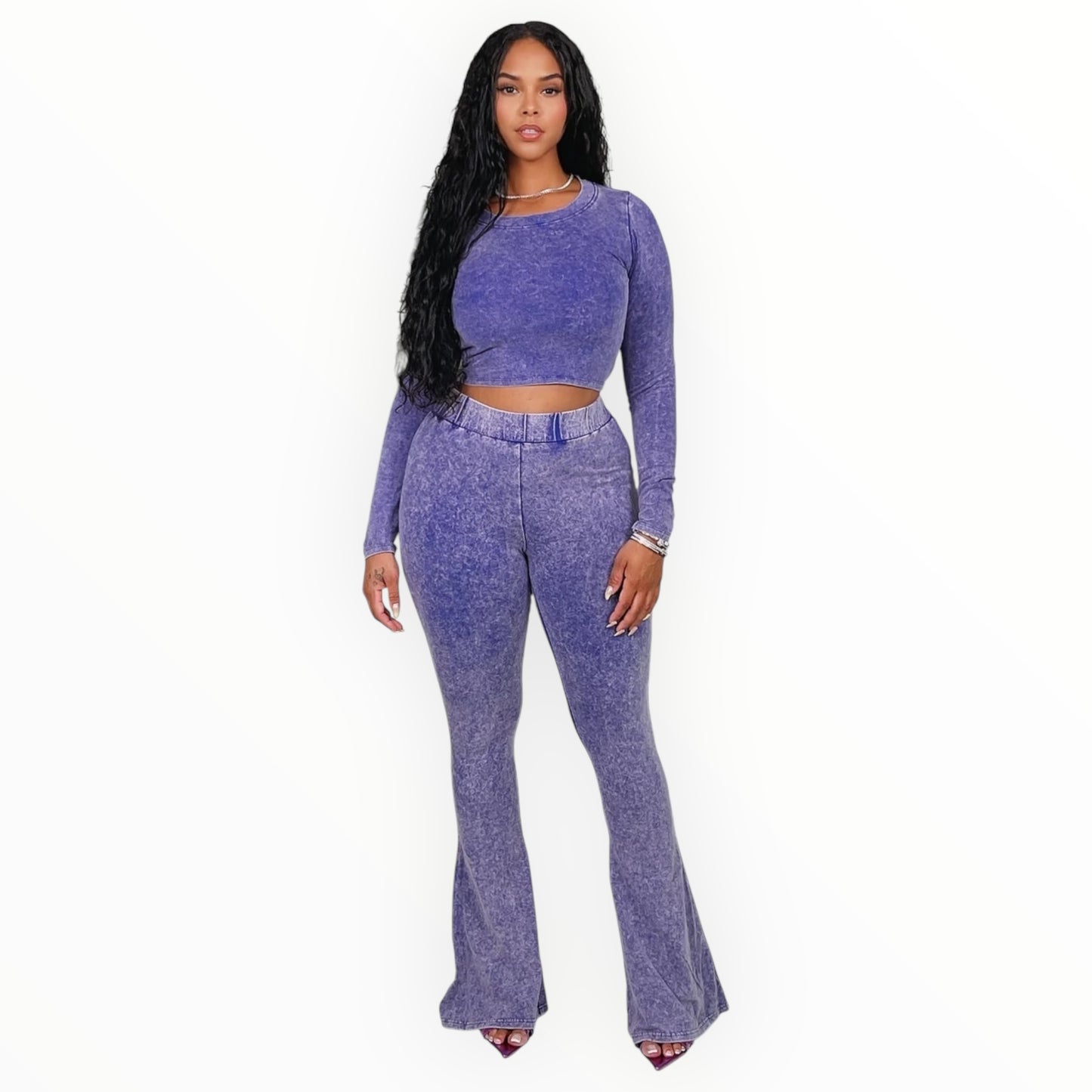 Washed Crop-Top & Flare Pants Set