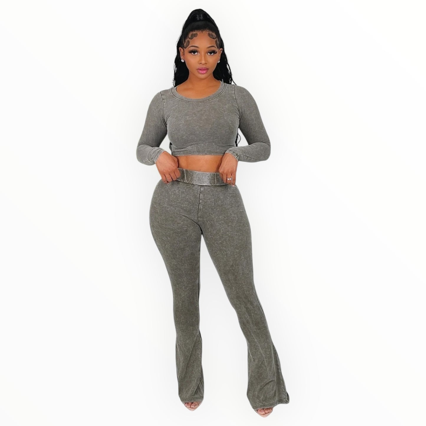 Washed Crop-Top & Flare Pants Set