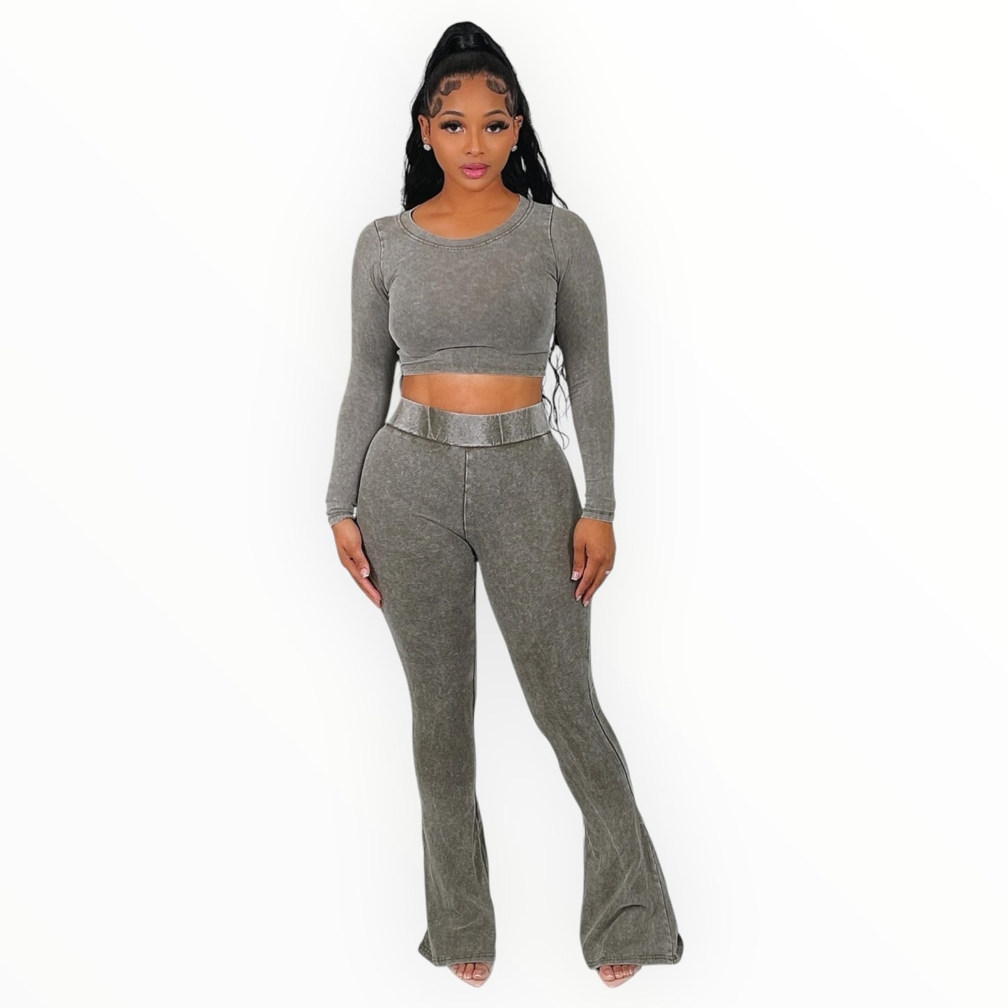 Washed Crop-Top & Flare Pants Set