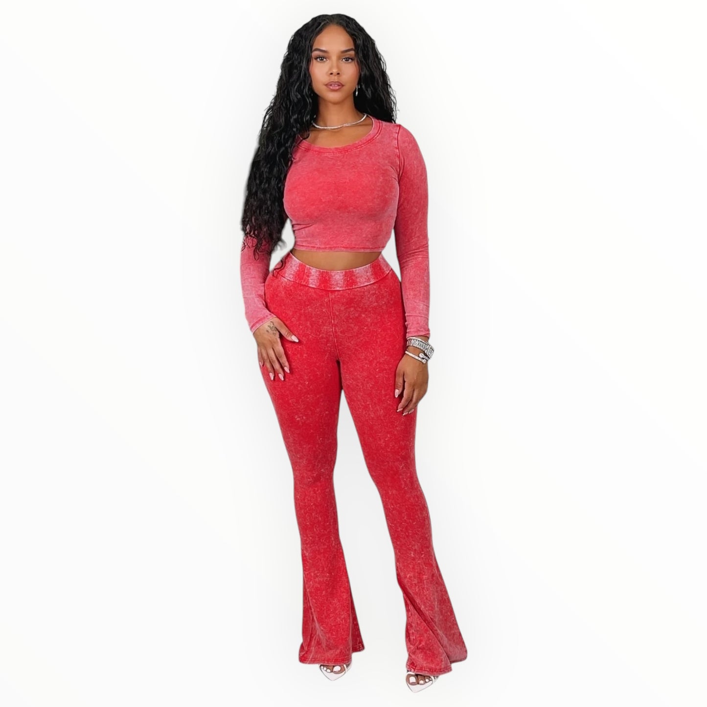 Washed Crop-Top & Flare Pants Set